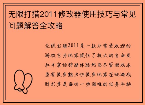无限打猎2011修改器使用技巧与常见问题解答全攻略